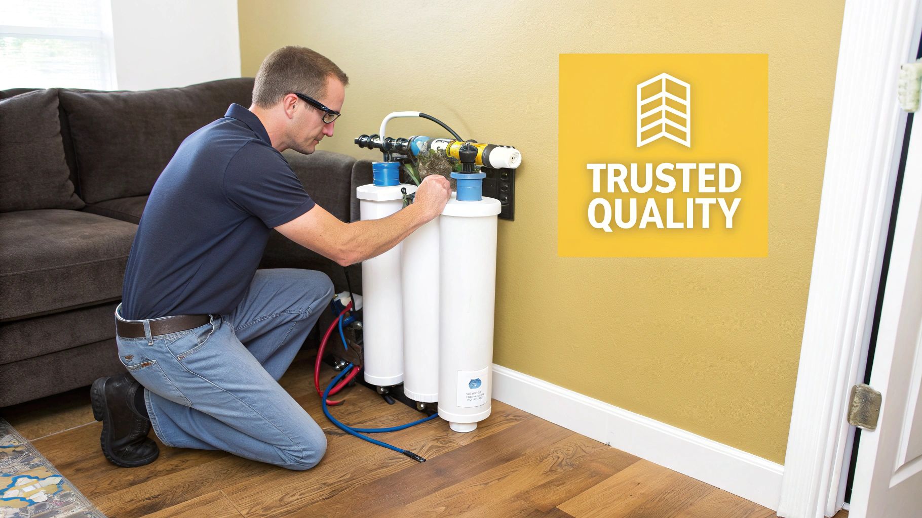 A smiling Aqua Best technician provides friendly service to a homeowner in Al Ain.