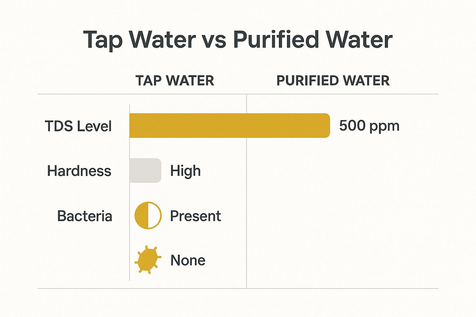 Infographic comparing TDS, hardness, and bacteria in tap water versus purified water for home use.