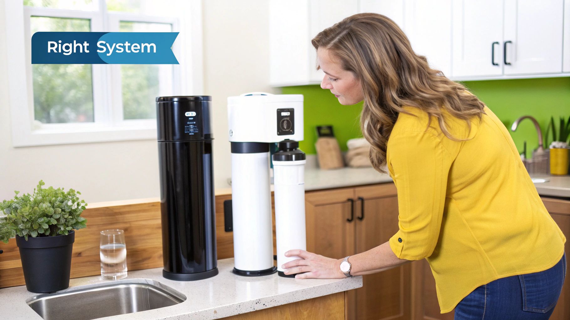 A family smiling and drinking clean water in their modern kitchen, with a water filter system visible.