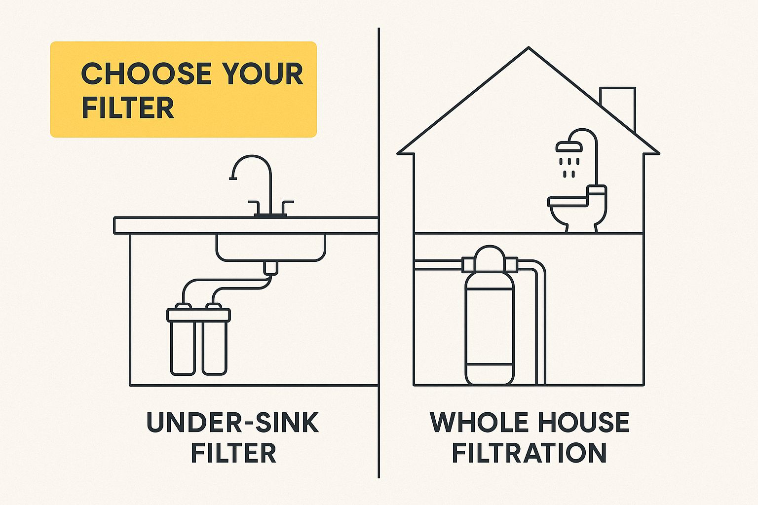 Infographic comparing an under-sink water filter installation with a whole house filtration unit within a home blueprint.