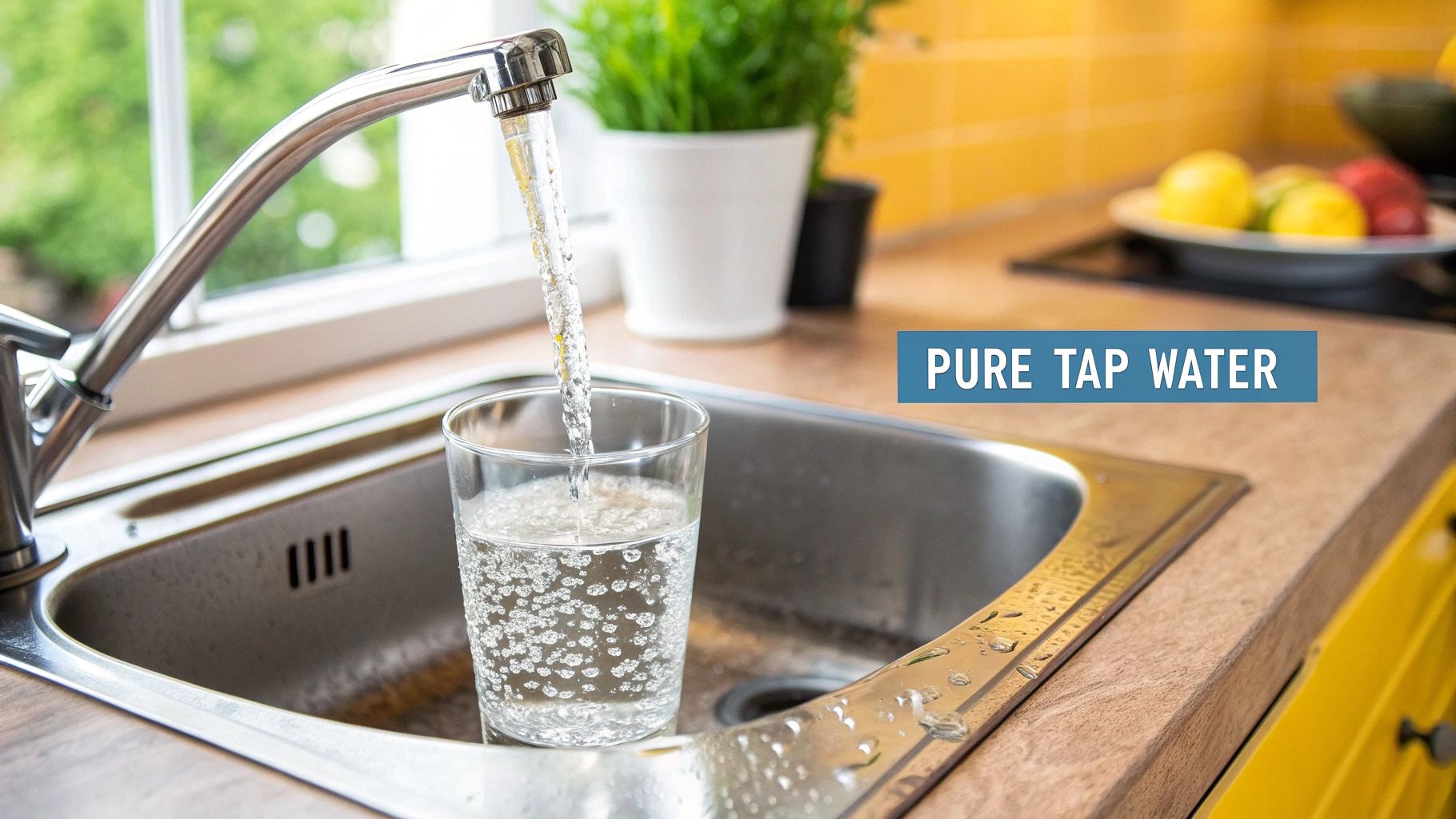A modern kitchen faucet with a glass of clean, filtered water.