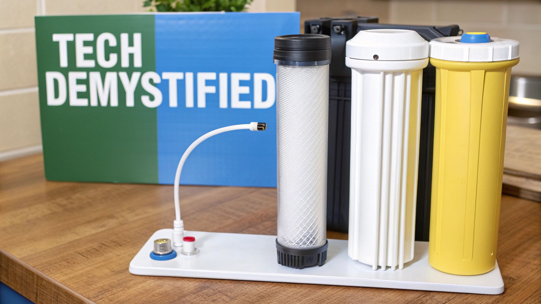A close-up view of water flowing through a purification filter.