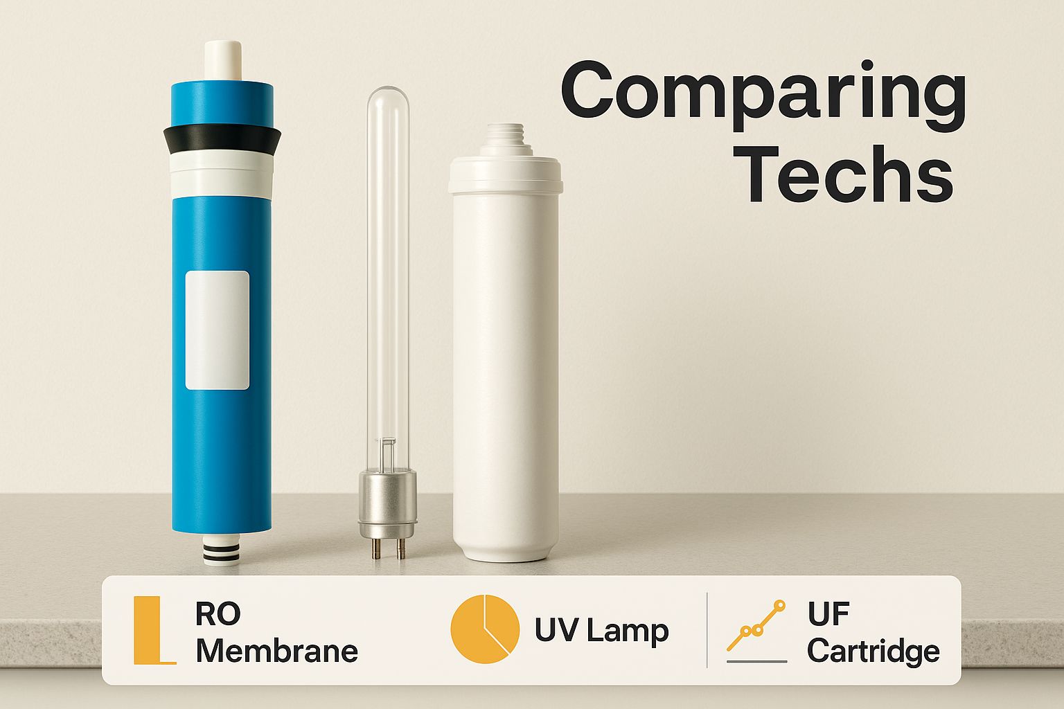 Infographic comparing the core technologies of water purifiers including RO, UV, and UF.