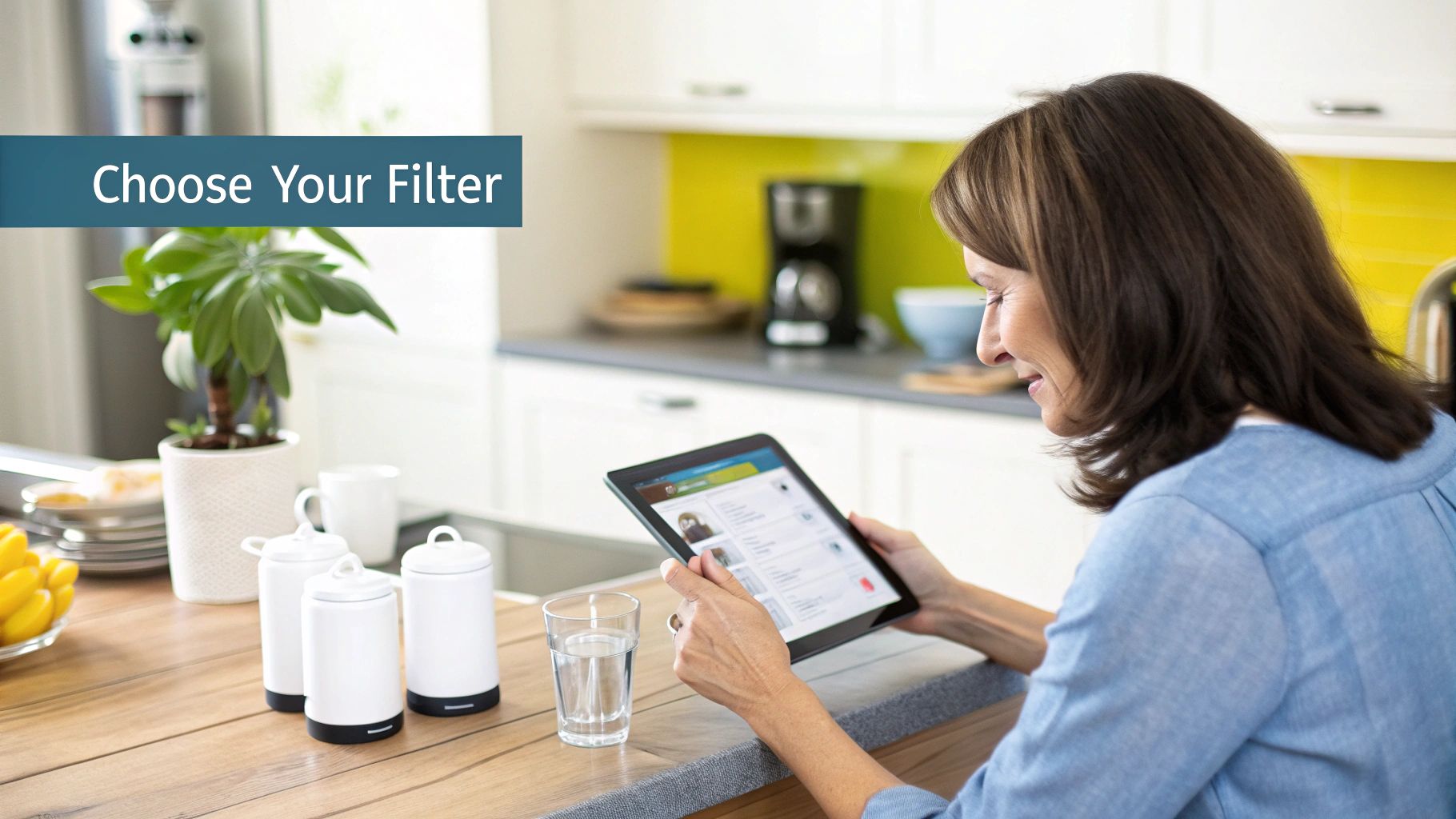 A person examining different water filter cartridges, deciding which one is best for their home.