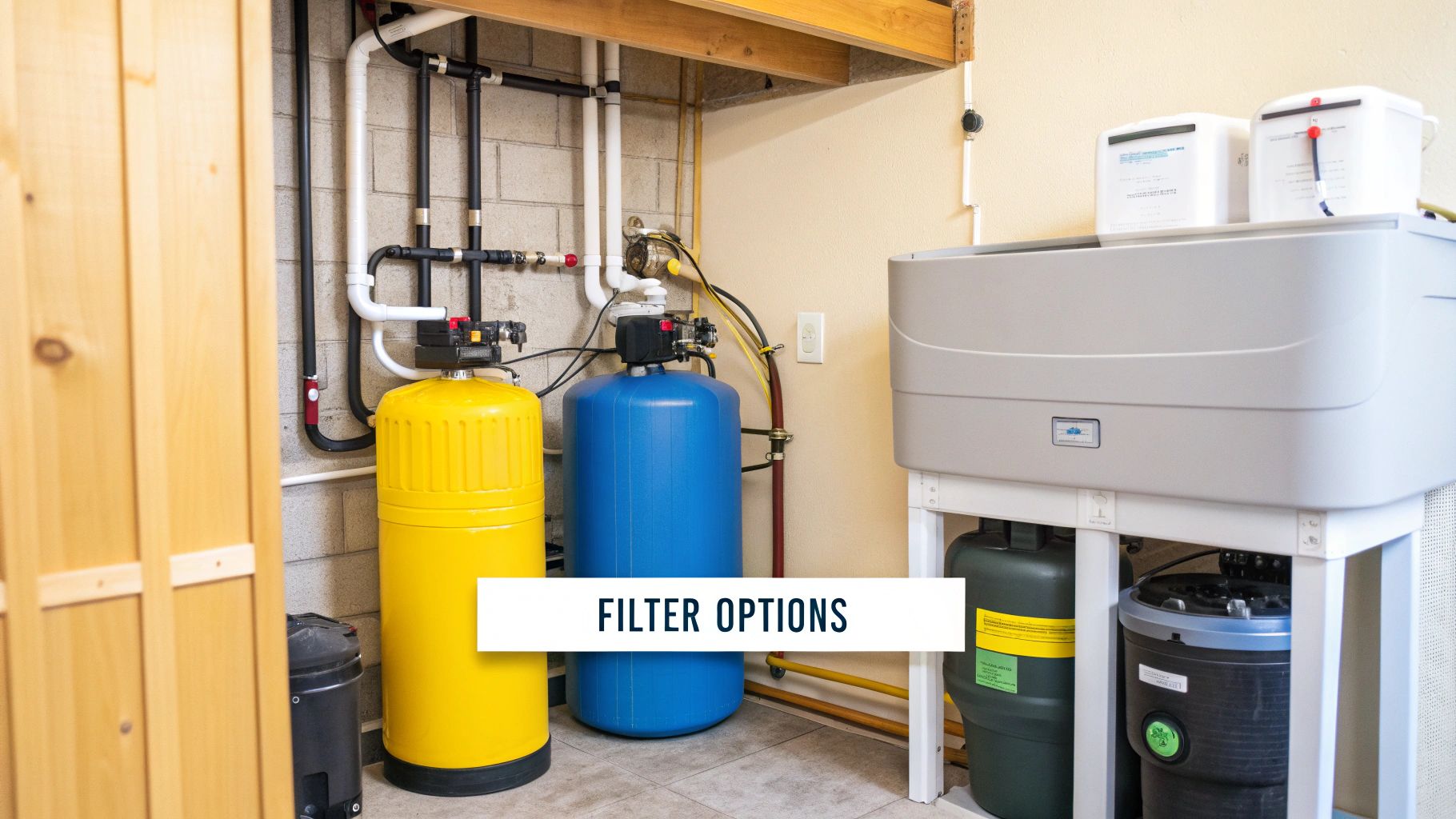 An image comparing an under-sink water filter installed in a kitchen cabinet with a larger whole house filtration system connected to a home's main water line.