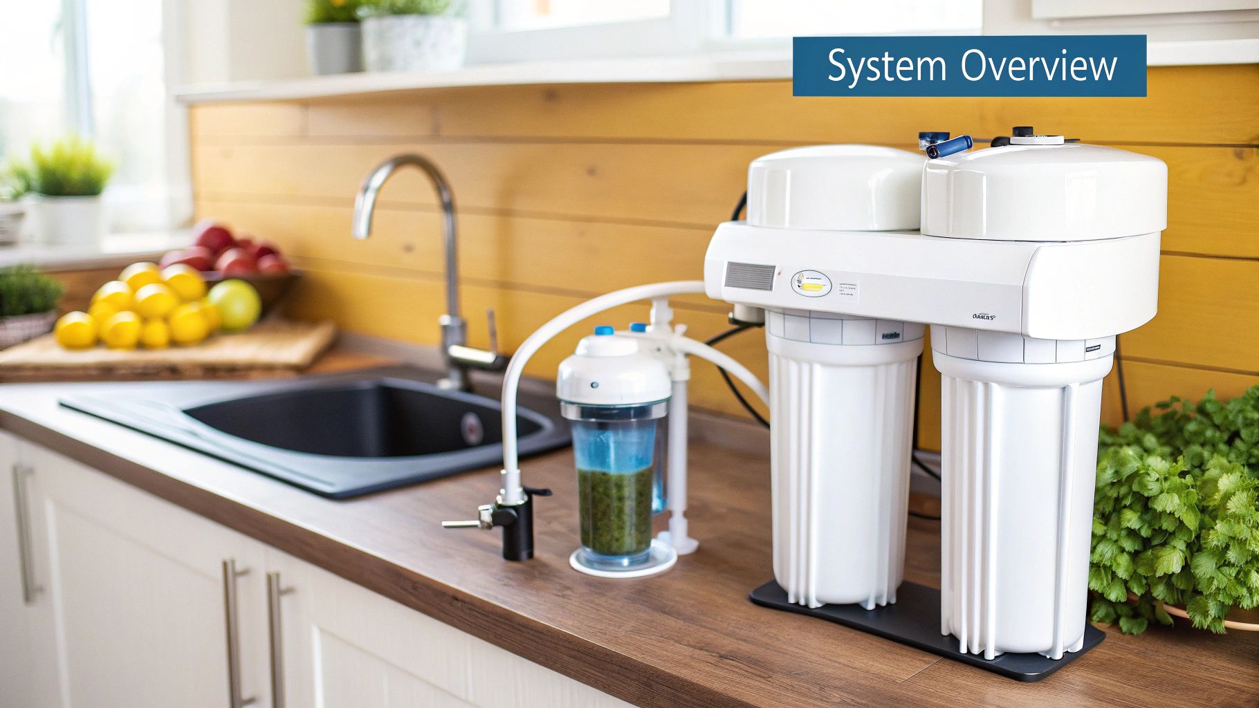 A family enjoying a glass of clean water in their modern kitchen.