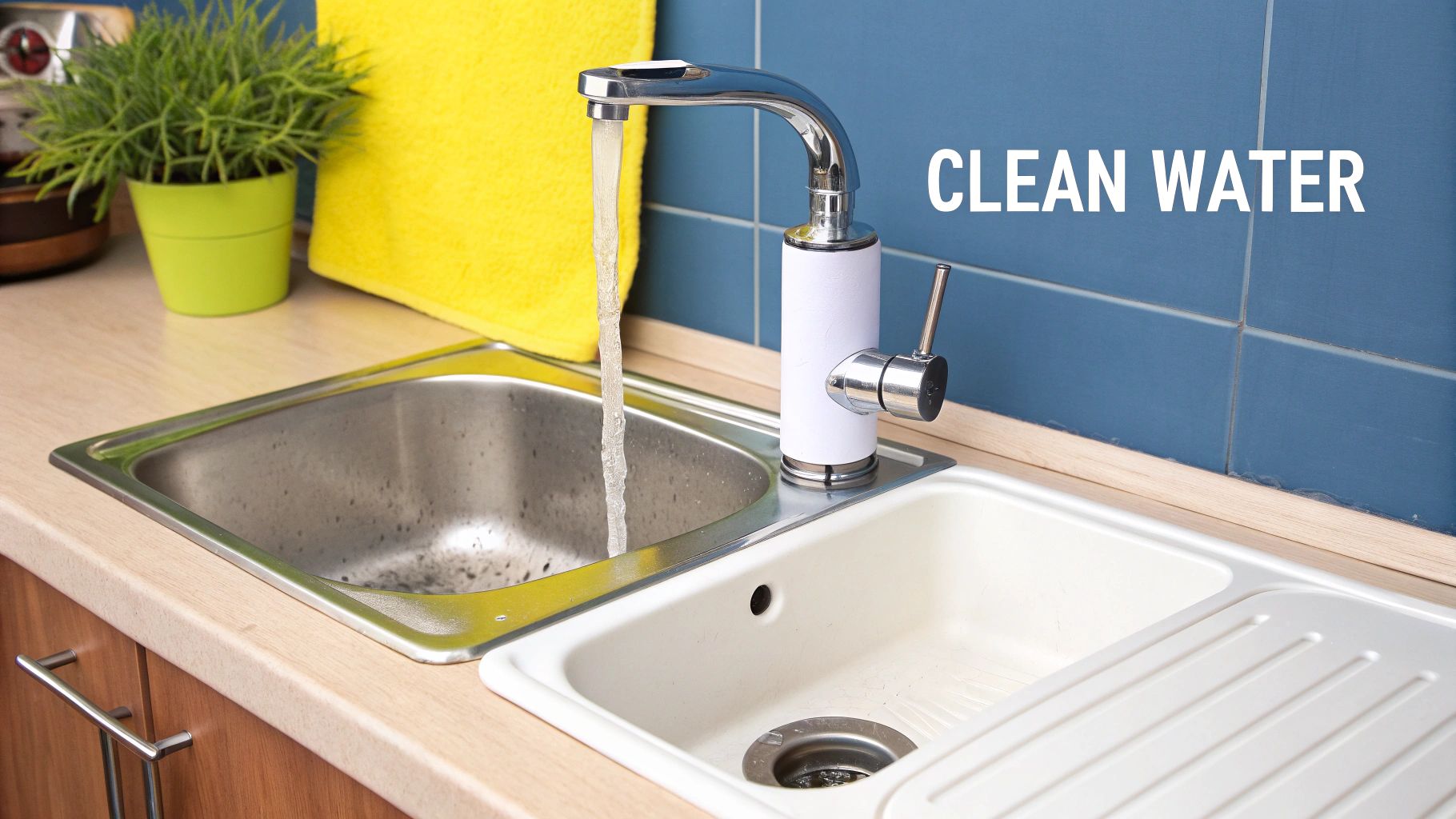 A person pouring a glass of clean, filtered water from a modern kitchen tap.