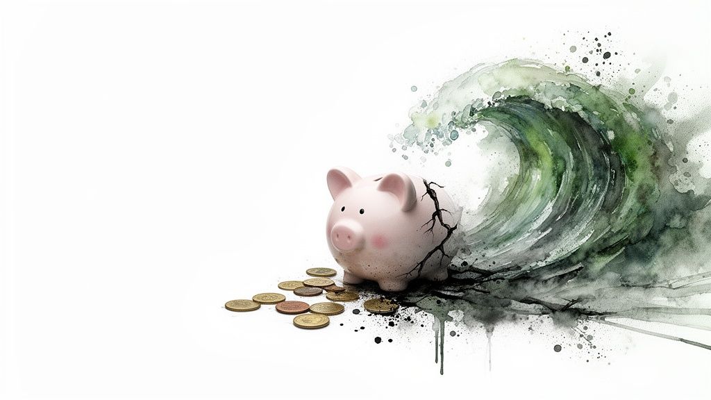 A cracked piggy bank spilling coins, engulfed by a dark watercolor wave, representing financial crisis.