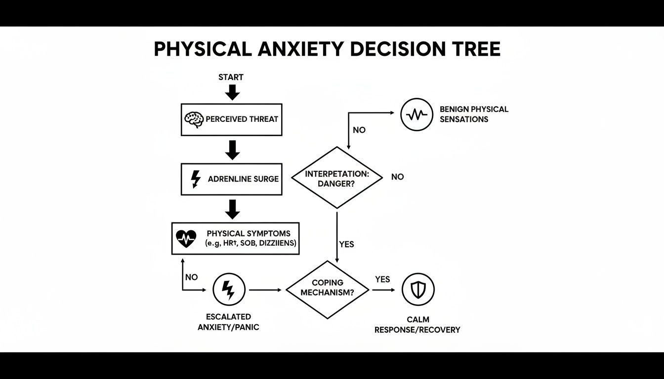 Decision tree flowchart explaining physical anxiety, from perceived threat to coping and recovery or panic.