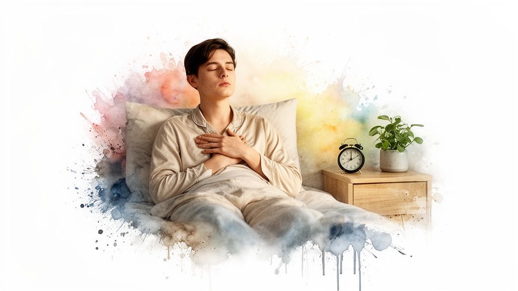 Young person in pajamas meditating in bed with eyes closed, hands on chest, surrounded by watercolor art.