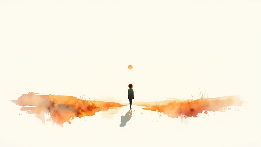 Watercolor painting of a lone figure walking towards a golden sun in a serene landscape.