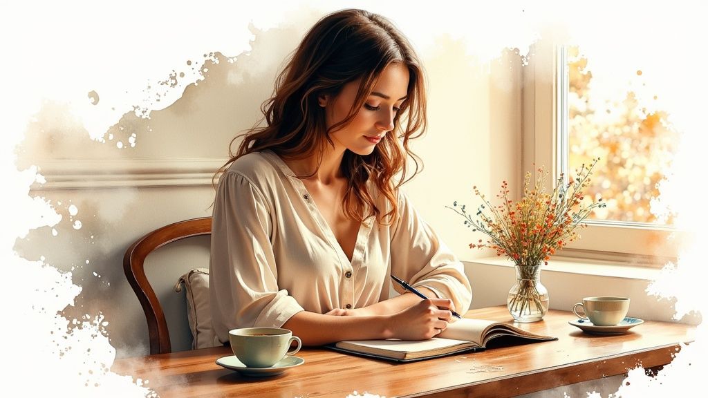 A person journaling in a cozy, dimly lit room with a cup of herbal tea
