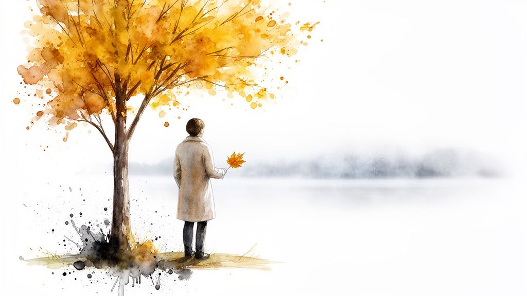 A watercolor painting of a person holding an autumn leaf under a vibrant yellow tree by a misty lake.