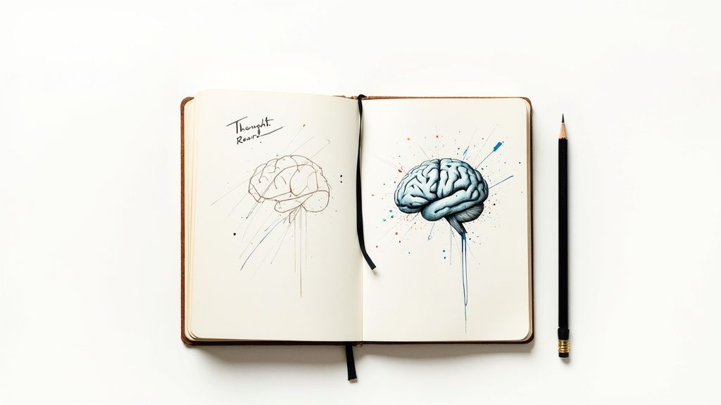 An open notebook with two brain drawings, one a sketch and one a colorful illustration, alongside a pencil.
