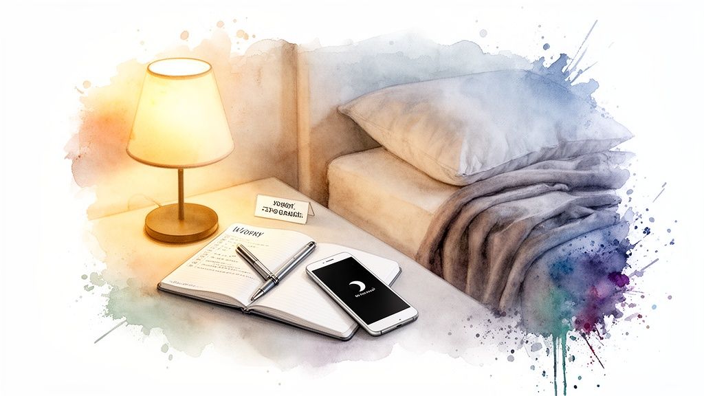 A soft watercolor painting showing a glowing bedside lamp, a notebook, phone, and a bed.