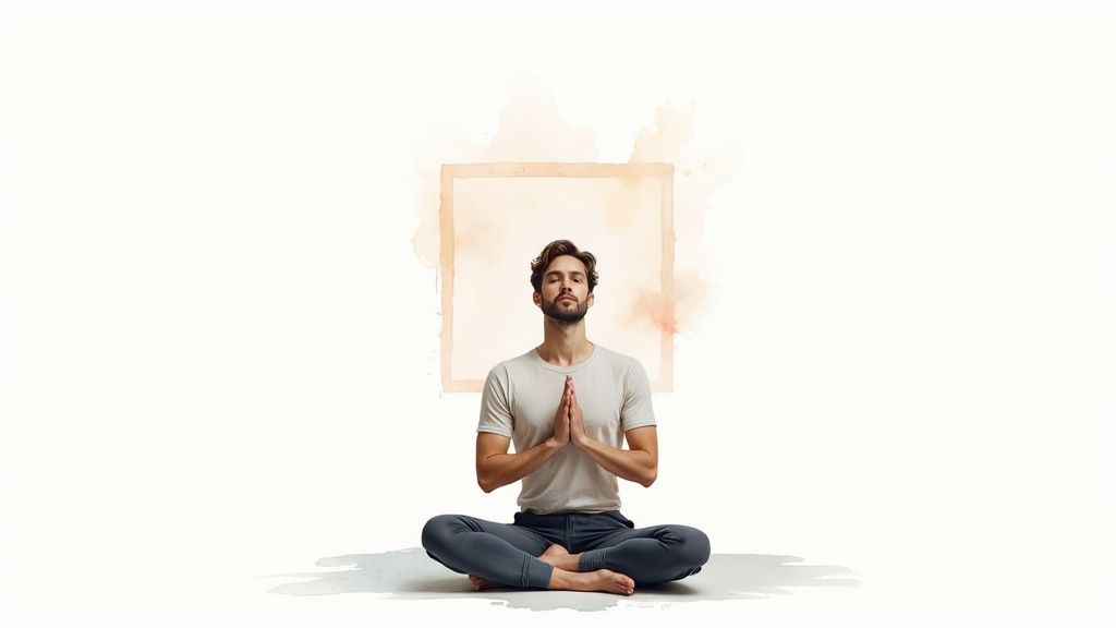 Serene man meditating peacefully in a lotus position with eyes closed and hands clasped.