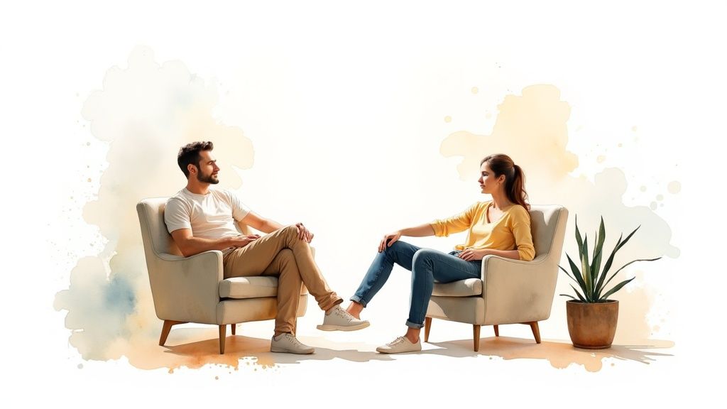 A tranquil living room with soft lighting, plants, and a comfortable sofa, representing a calm home environment.