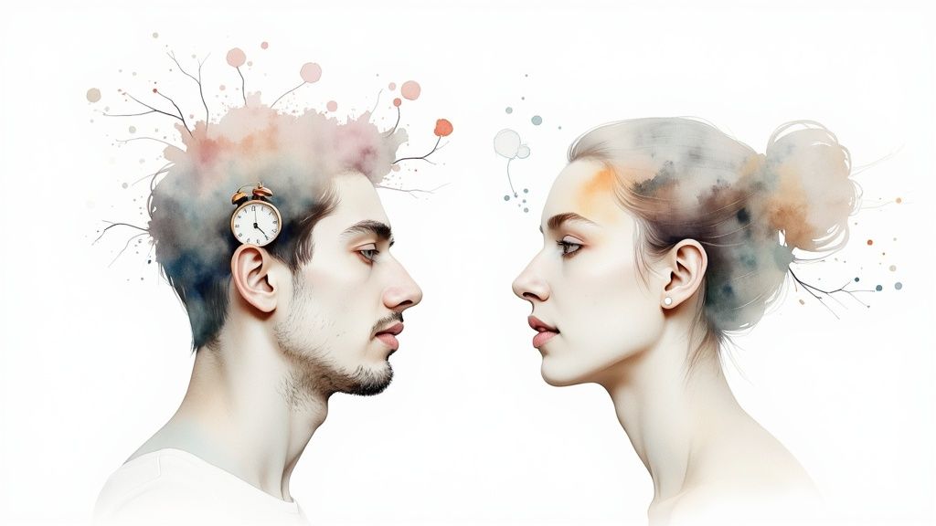 Abstract watercolor art depicting a man and woman facing each other, with an alarm clock on his head.