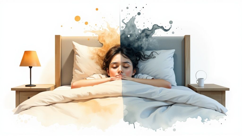 A person sitting on their bed at night, looking worried and anxious.