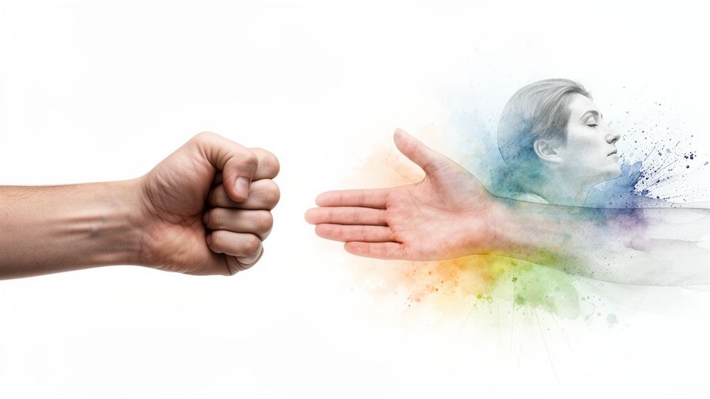 A clenched fist faces an open hand with a calm woman's watercolor profile, symbolizing coping with stress.