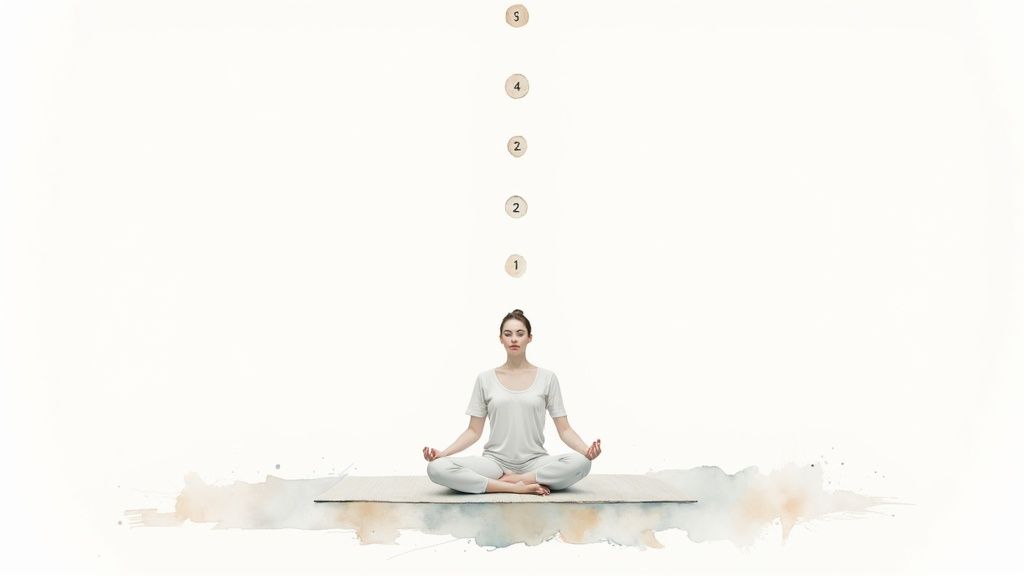 A woman meditates in a calm pose, with numbered tokens (5, 4, 2, 2, 1) floating above her head.