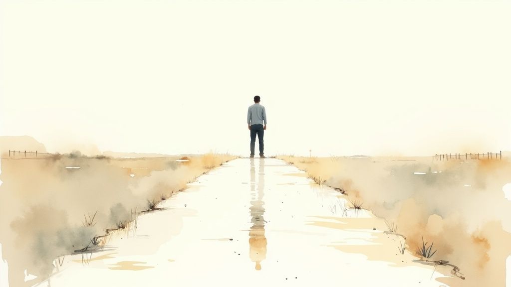 A person stands alone on a reflective path, looking towards a minimalist horizon, watercolor style.