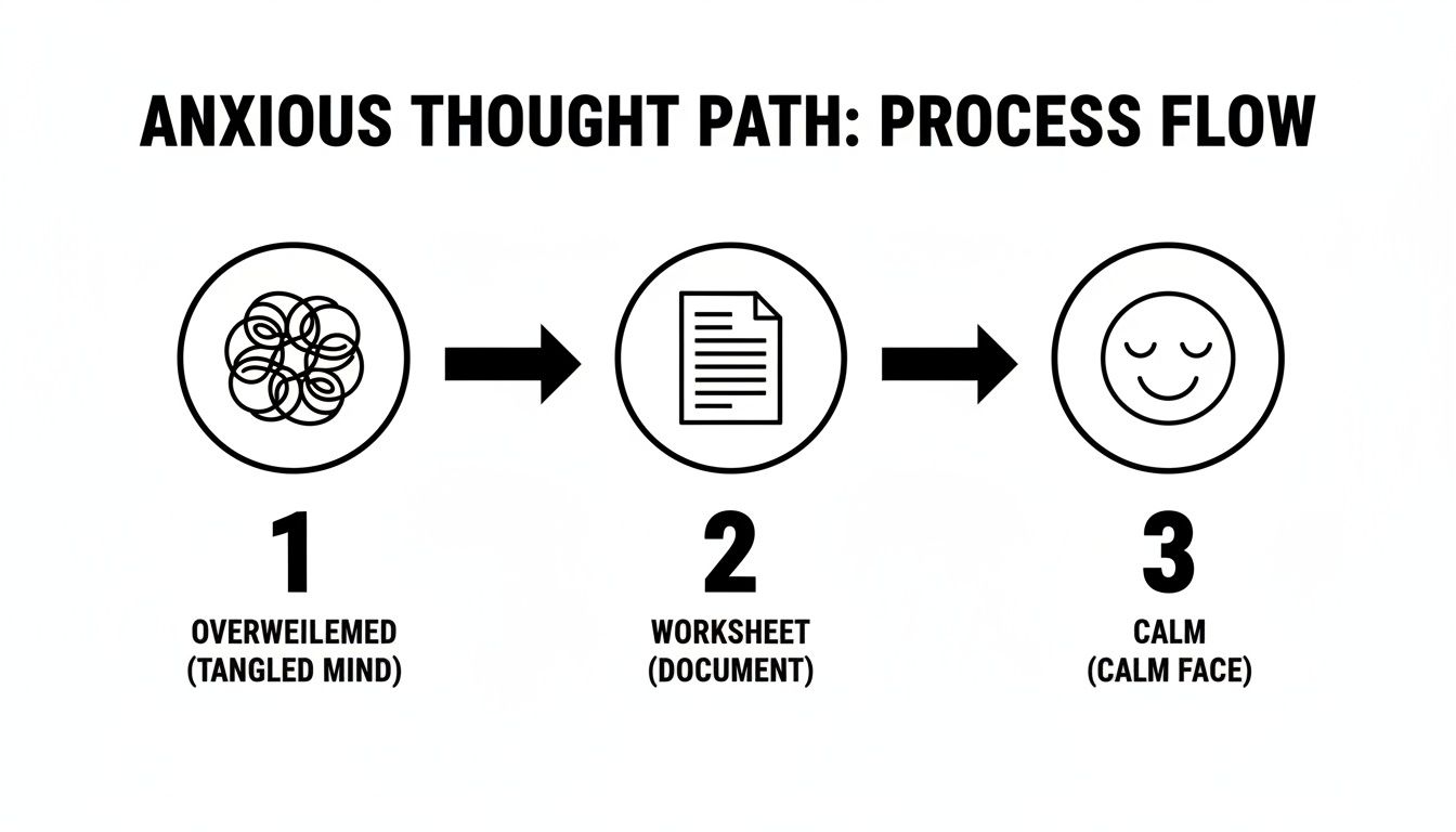 A three-step process flow showing how to manage anxious thoughts from overwhelmed to calm using a worksheet.
