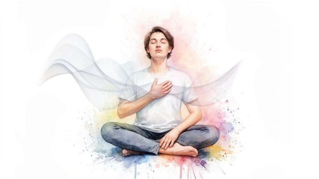 A young man meditating with closed eyes and hand on chest, surrounded by calming waves and colorful splashes.