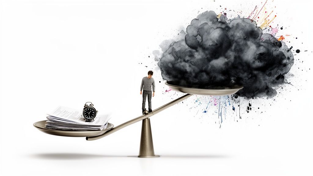 Conceptual image of a man balancing responsibilities against overwhelming stress or anxiety.