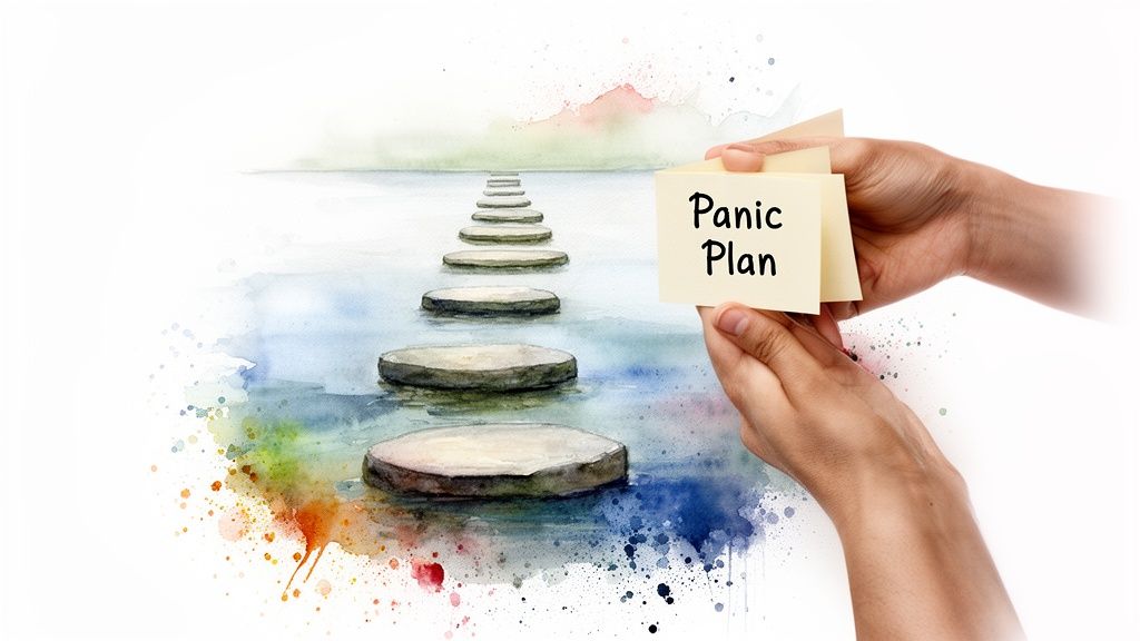 Hands holding a 'Panic Plan' note next to watercolor stepping stones across water.