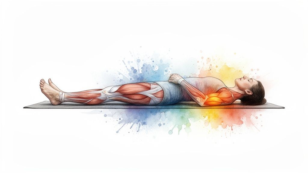 Anatomical illustration of a person lying relaxed on a mat, highlighting muscles with colorful energy flow.