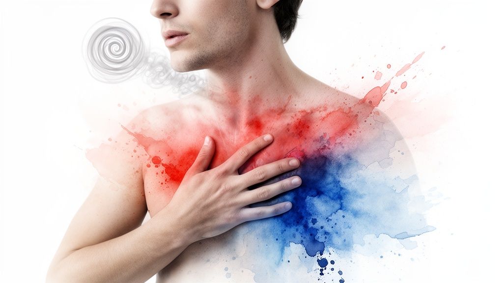 Abstract image of person with chest pain, represented by red and blue splashes, and swirling breath.