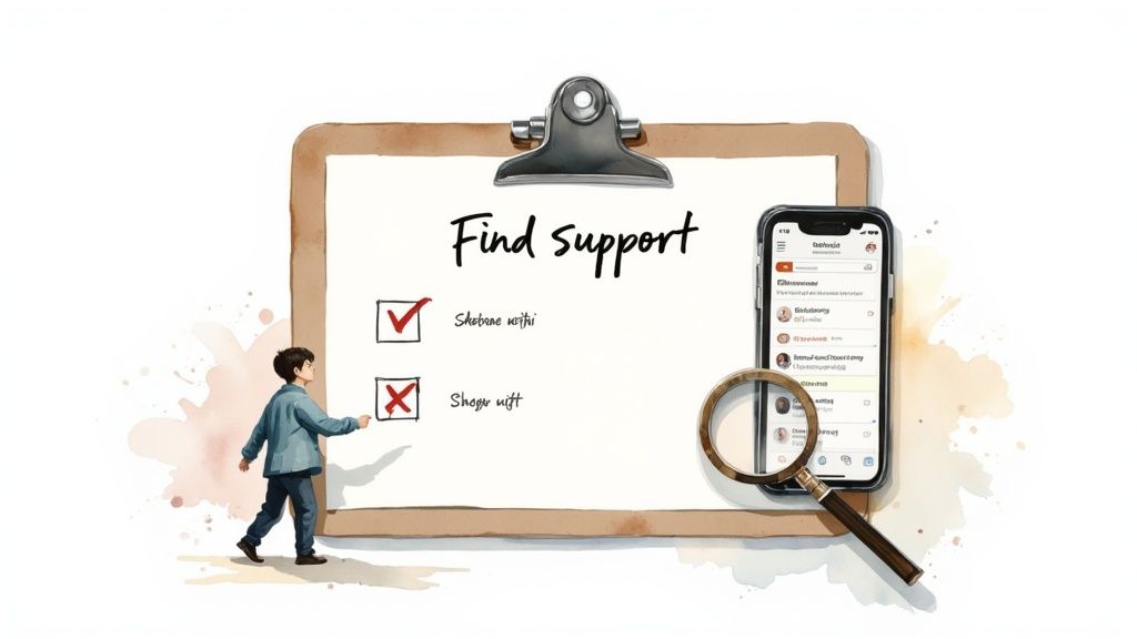 Person pointing at checklist showing sharing versus not sharing options with smartphone and magnifying glass