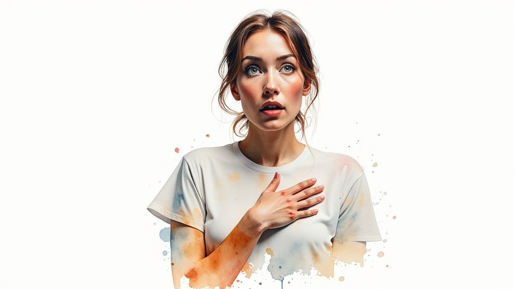 A young woman with an expressive face, her hand on her chest, surrounded by watercolor splatters.