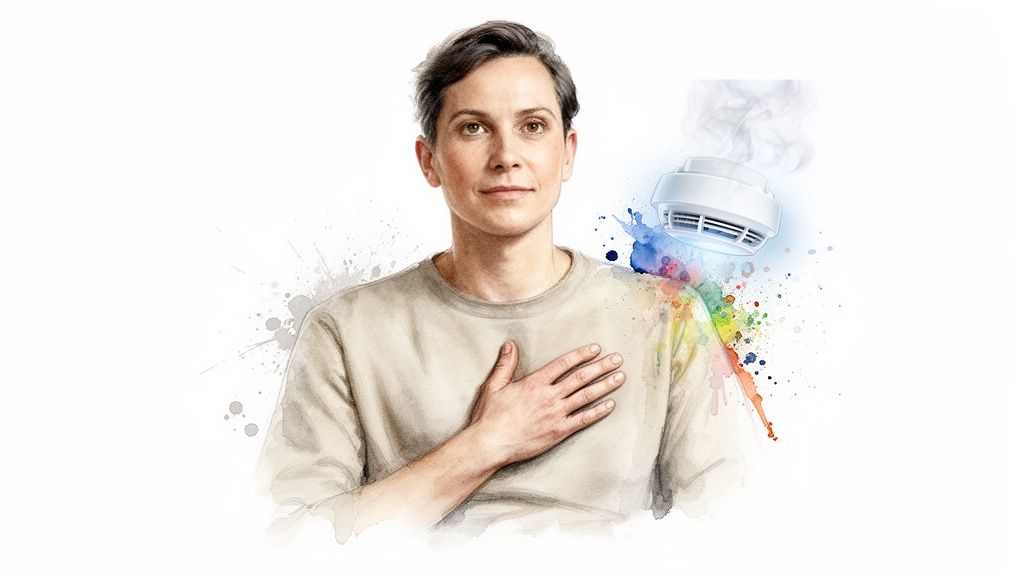 Illustration of a person holding their chest, a smoke detector, and vibrant watercolor splatters.