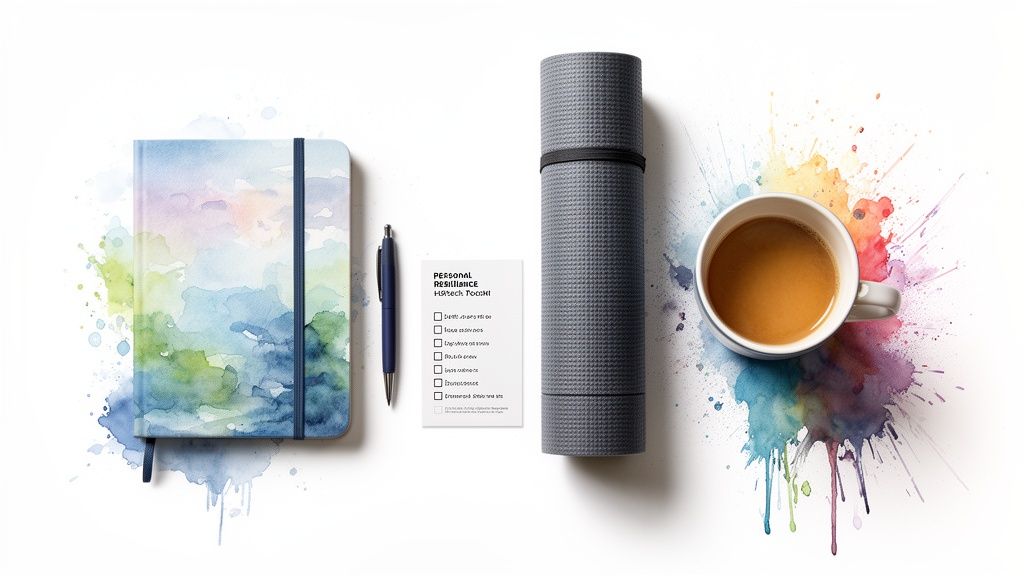 A flat lay with a watercolor notebook, pen, resilience checklist, yoga mat, and coffee cup.