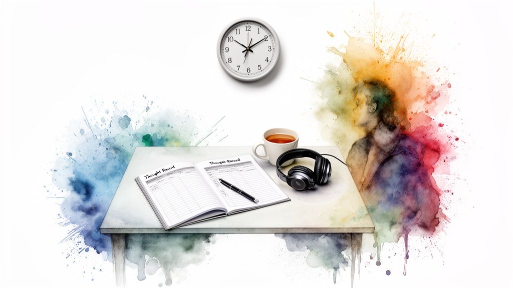 A desk with a Thought Record journal, pen, headphones, tea, and clock, surrounded by colorful watercolor splashes representing reflection.