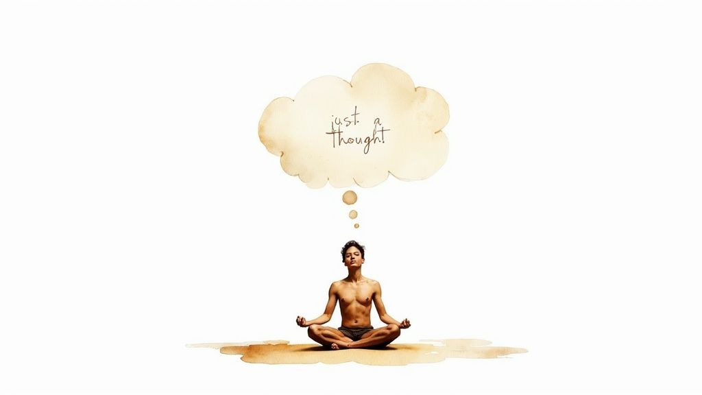 A person meditating in lotus pose, with a watercolor thought bubble above their head reading 'just a thought!'