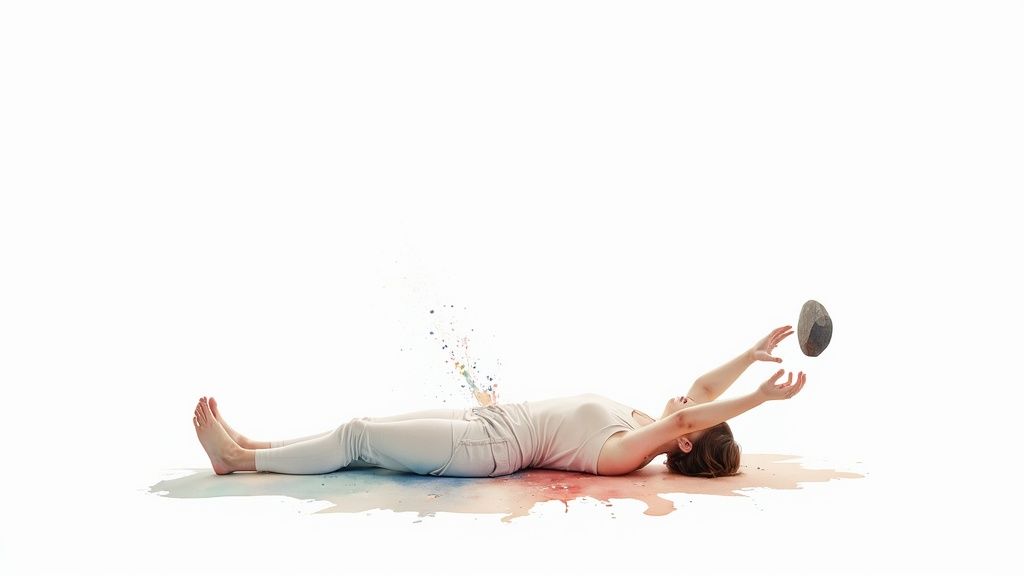 A person lies on their back, levitating a stone, with colorful paint splatters.