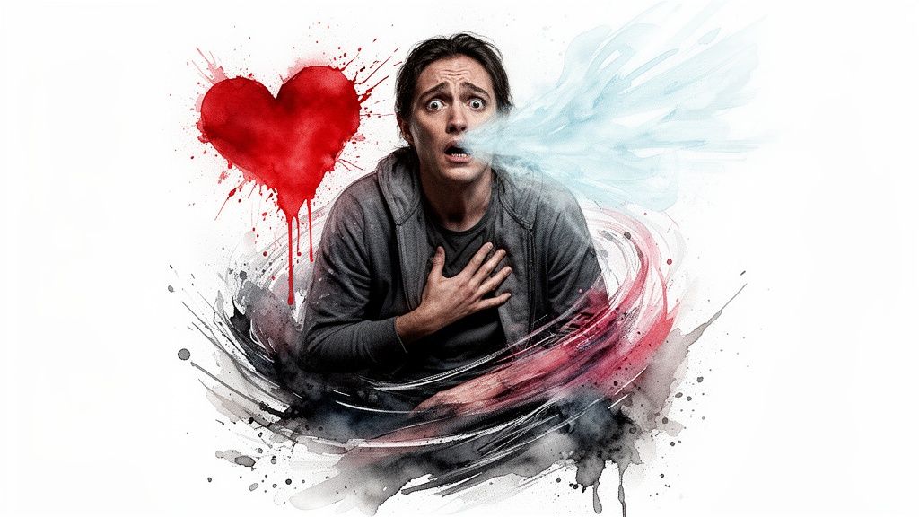 A distressed man with a red watercolor heart and blue breath, clutching his chest.