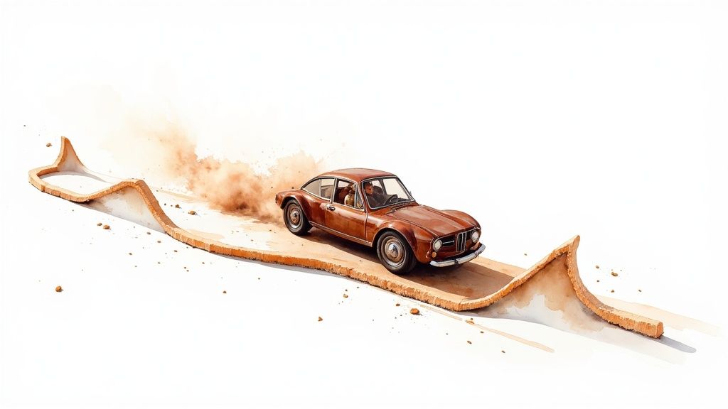 A vintage brown car speeds on a whimsical toast track, kicking up brown dust.
