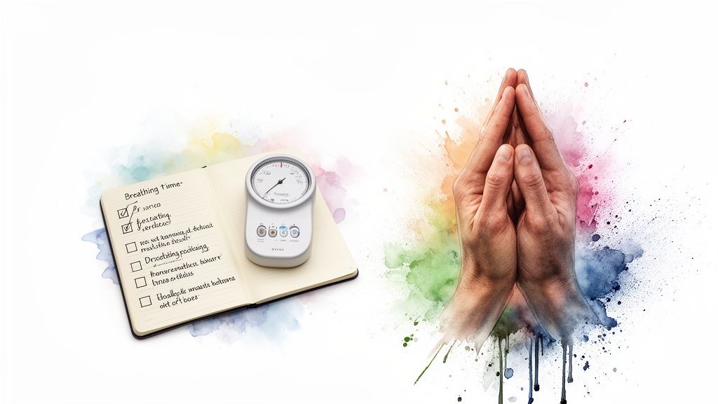 A notebook with a 'Breathing Time' checklist, a meditation device, and hands in prayer, surrounded by colorful watercolor splashes.