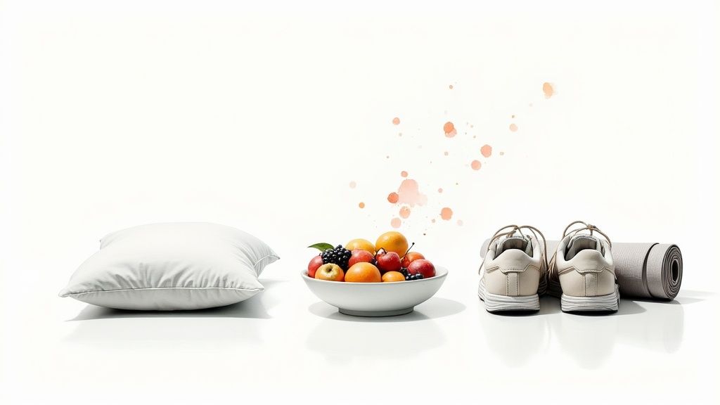 White pillows, fresh fruit bowl, and sneakers with yoga mat representing healthy lifestyle recovery