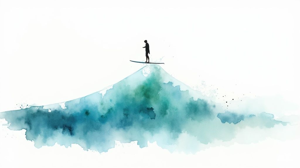 A minimalist watercolor painting depicts a person paddleboarding on a teal and blue wave.