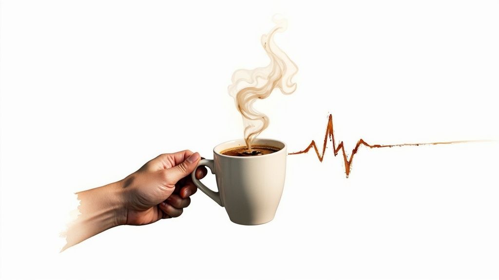 A hand holds a steaming cup of coffee with a heart rate line made of spilled coffee.