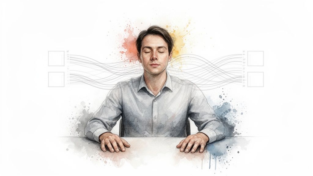 A man with closed eyes meditating, surrounded by abstract watercolor splashes and wavy lines, suggesting focus or mental activity.