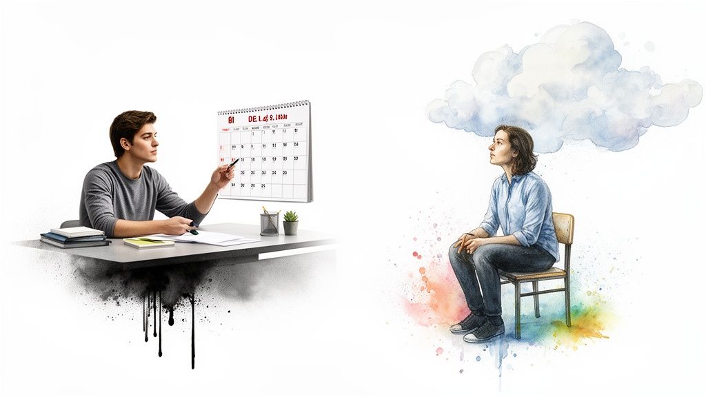 Two scenes illustrating stress and anxiety: a man planning with a calendar, a woman contemplating a cloud.