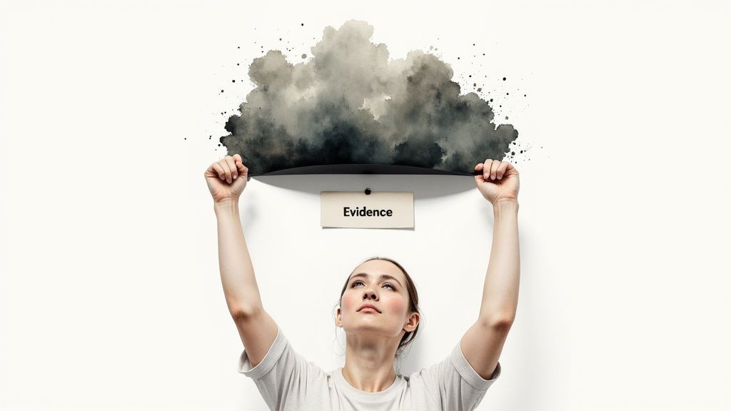 A woman holds up a smoky, dark cloud with a sign reading 'Evidence' below it.