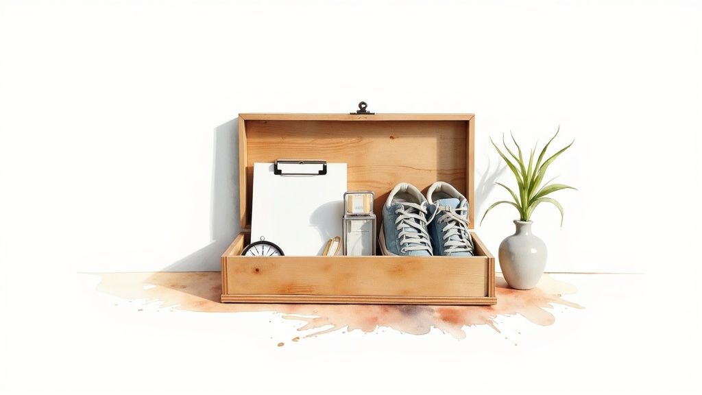 An open wooden box filled with personal items: blue shoes, a clipboard, and perfume bottles, next to a plant.