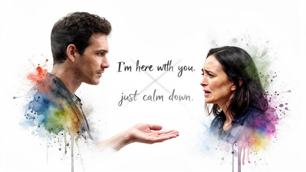 A man and a distressed woman with watercolor effects, showing ineffective comforting phrases crossed out.